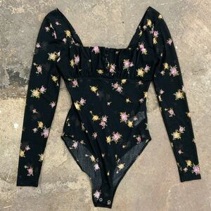 Forever21 Black Floral Sheer Flower Chic Bodysuit - OBO
